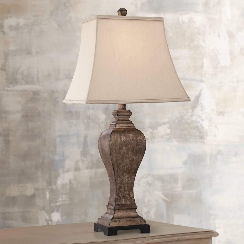 Regency Hill Edgar Farmhouse Country Rustic Traditional 3-Way Table Lamp with Table Top Dimmer 29' Tall Bronze Taupe Rectangle Shade for Living Room Bedroom House Bedside Nightstand