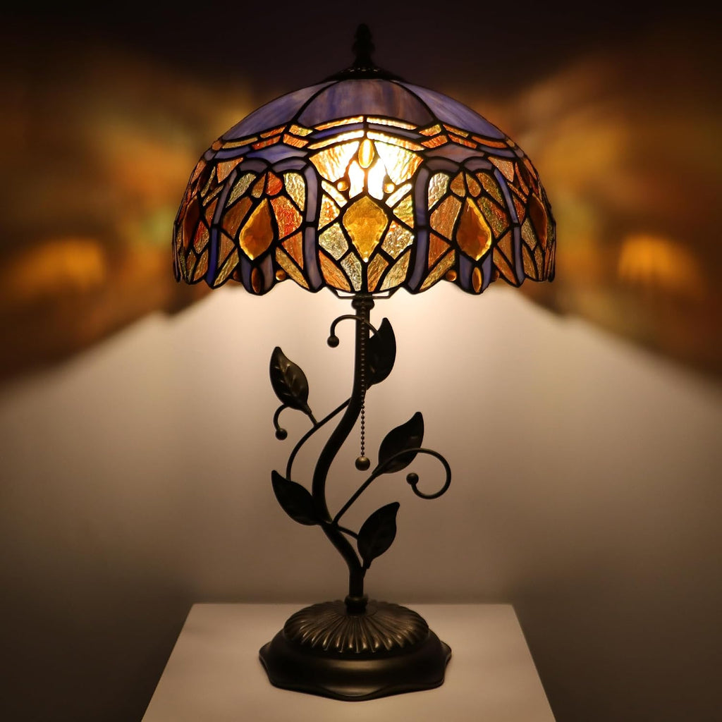 Tiffany Lamp Purple Brown Jewelry Baroque Style Stained Glass Table Lamp Desk Bedside Reading Light 12X12X19 Inches Bronze Resin Metal Leaf Base