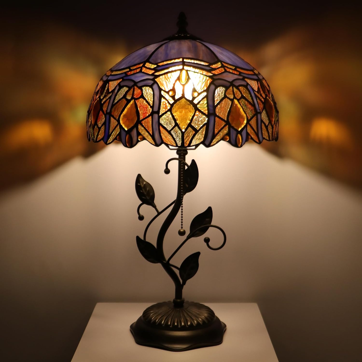 Tiffany Lamp Purple Brown Jewelry Baroque Style Stained Glass Table Lamp Desk Bedside Reading Light 12X12X19 Inches Bronze Resin Metal Leaf Base