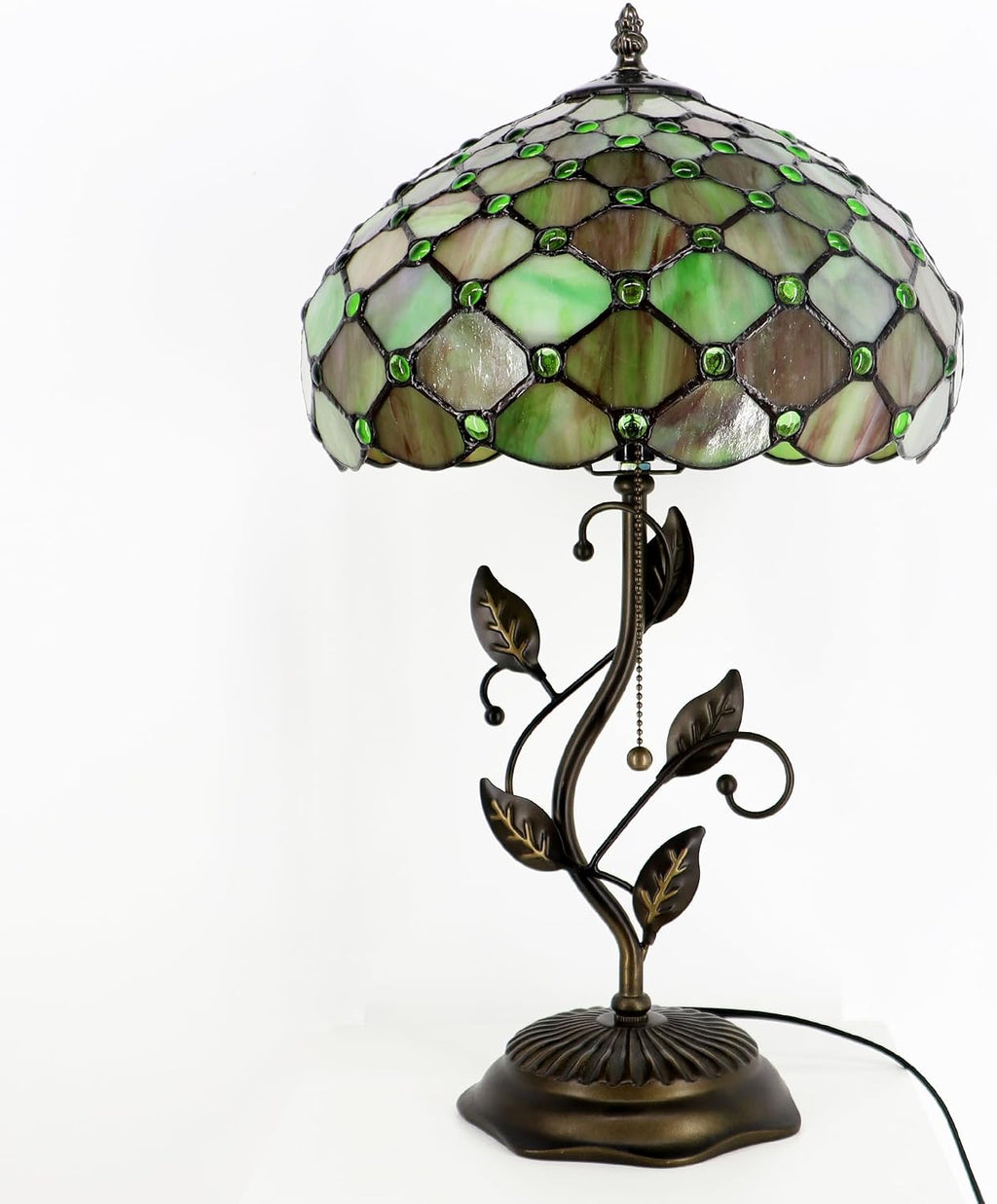 Tiffany Lamp Amber Green Pearl Style Stained Glass Table Lamp Desk Bedside Reading Light 12X12X19 Inches with Metal Leaf Base