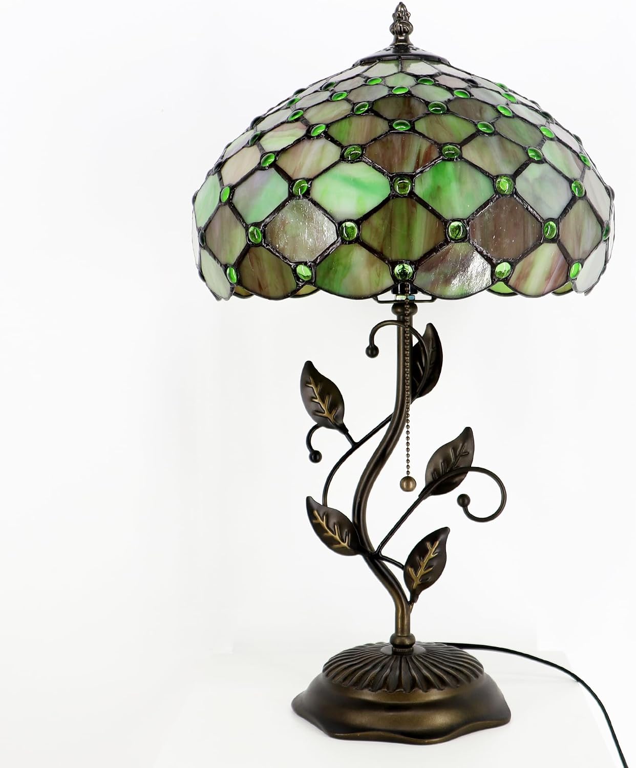 Tiffany Lamp Amber Green Pearl Style Stained Glass Table Lamp Desk Bedside Reading Light 12X12X19 Inches with Metal Leaf Base