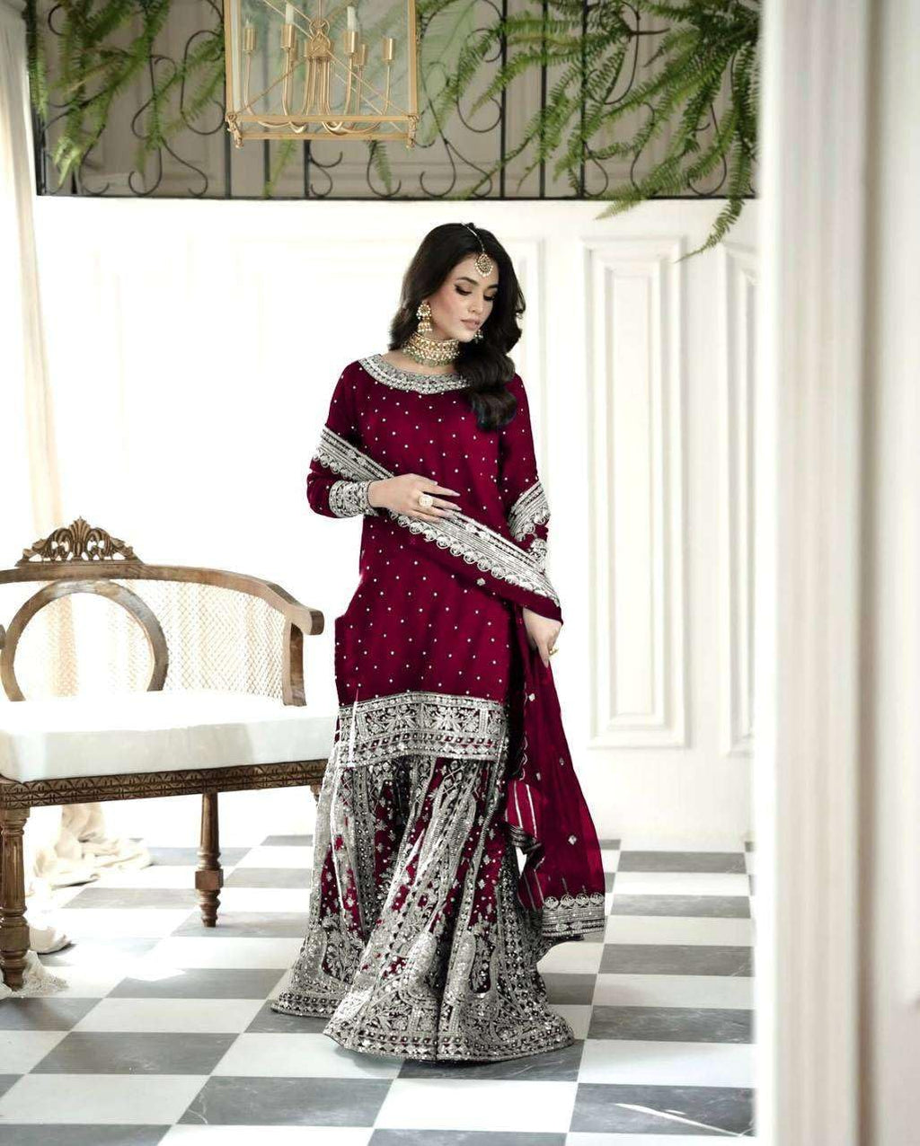 Hans craft Women's Faux Georgette Embroidered Straight Kurta with Sharara & Dupatta Set with Rivet Moti Work