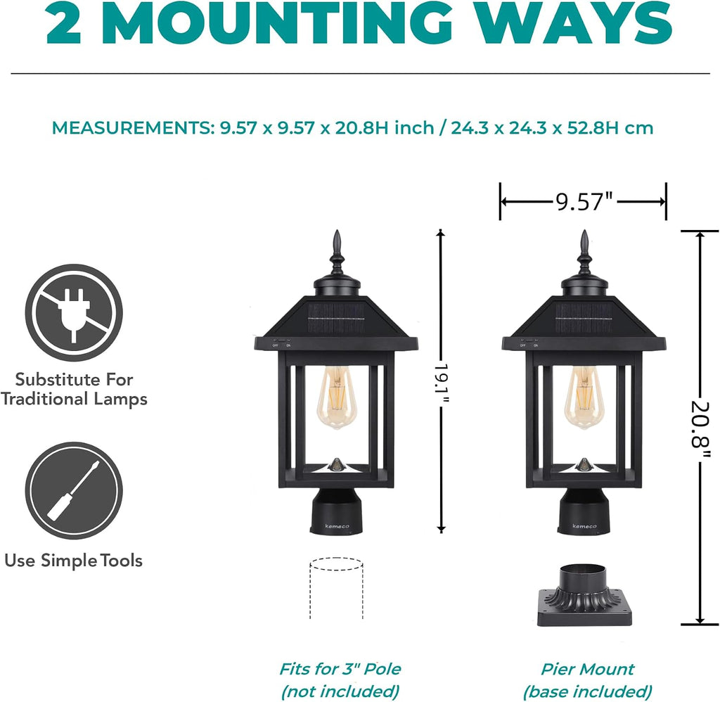 Solar Post Light with Pire Mount Base, Outdoor Dusk to Dawn Waterproof Aluminum Lamp Bright Sandy Colored LED Solar Powered for Pole Pillar Gates Yard Deck Garden Decoration
