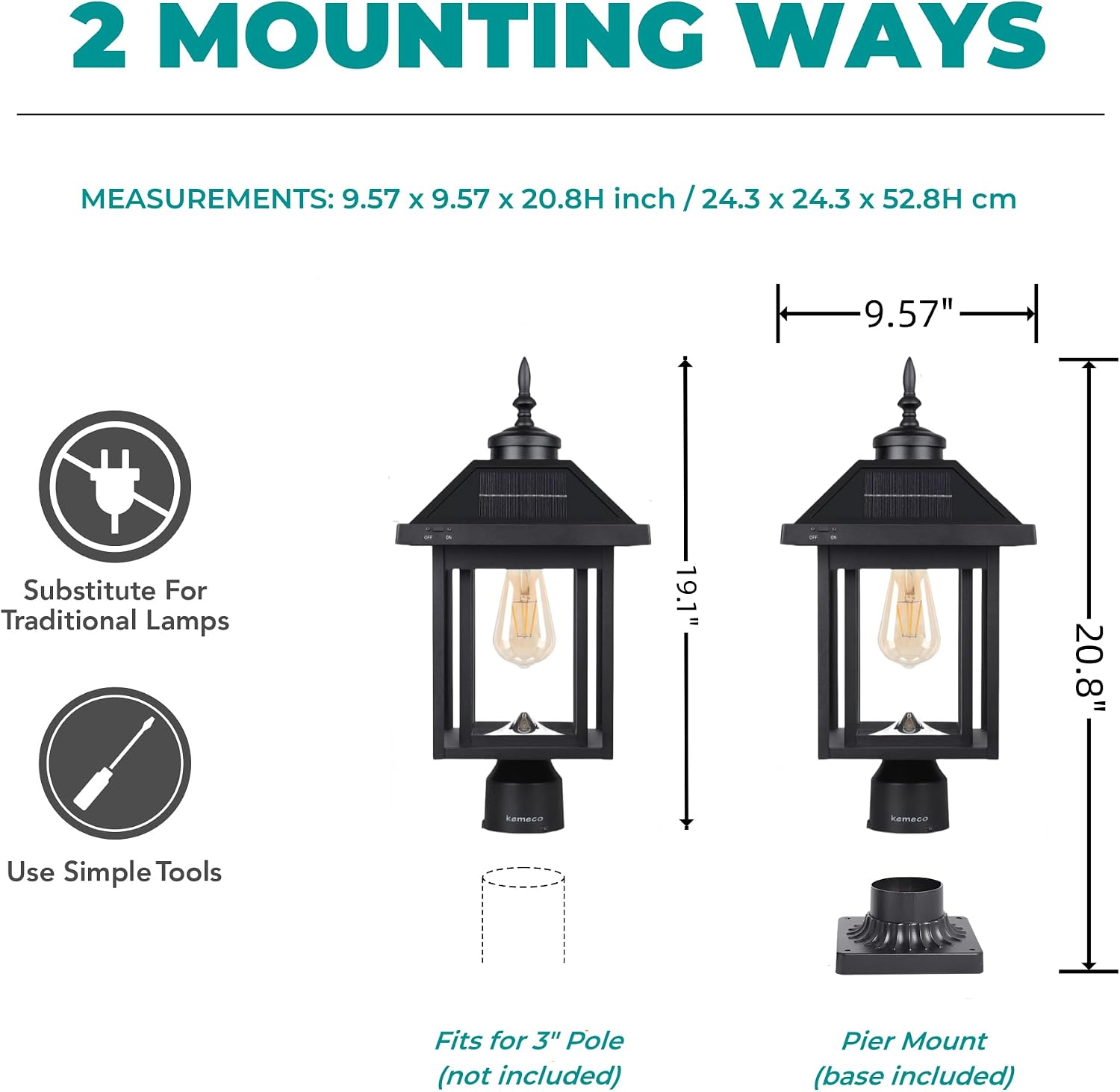 Solar Post Light with Pire Mount Base, Outdoor Dusk to Dawn Waterproof Aluminum Lamp Bright Sandy Colored LED Solar Powered for Pole Pillar Gates Yard Deck Garden Decoration