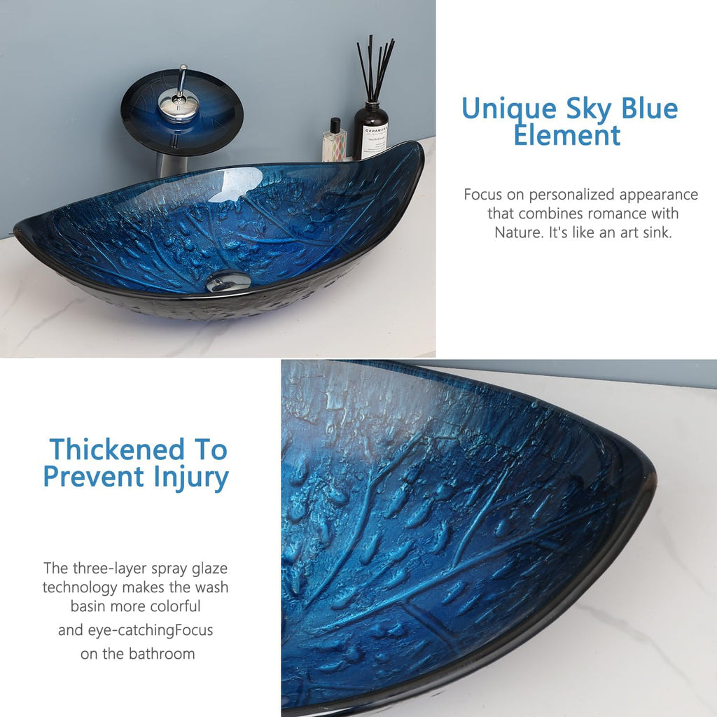 23'x14' Blue Bathroom Vessel Sink, Leaf Shape Tempered Glass Sinks And Faucet Combo, Washing Basin Bowl Waterfall Chrome Brass Pop Up Drain