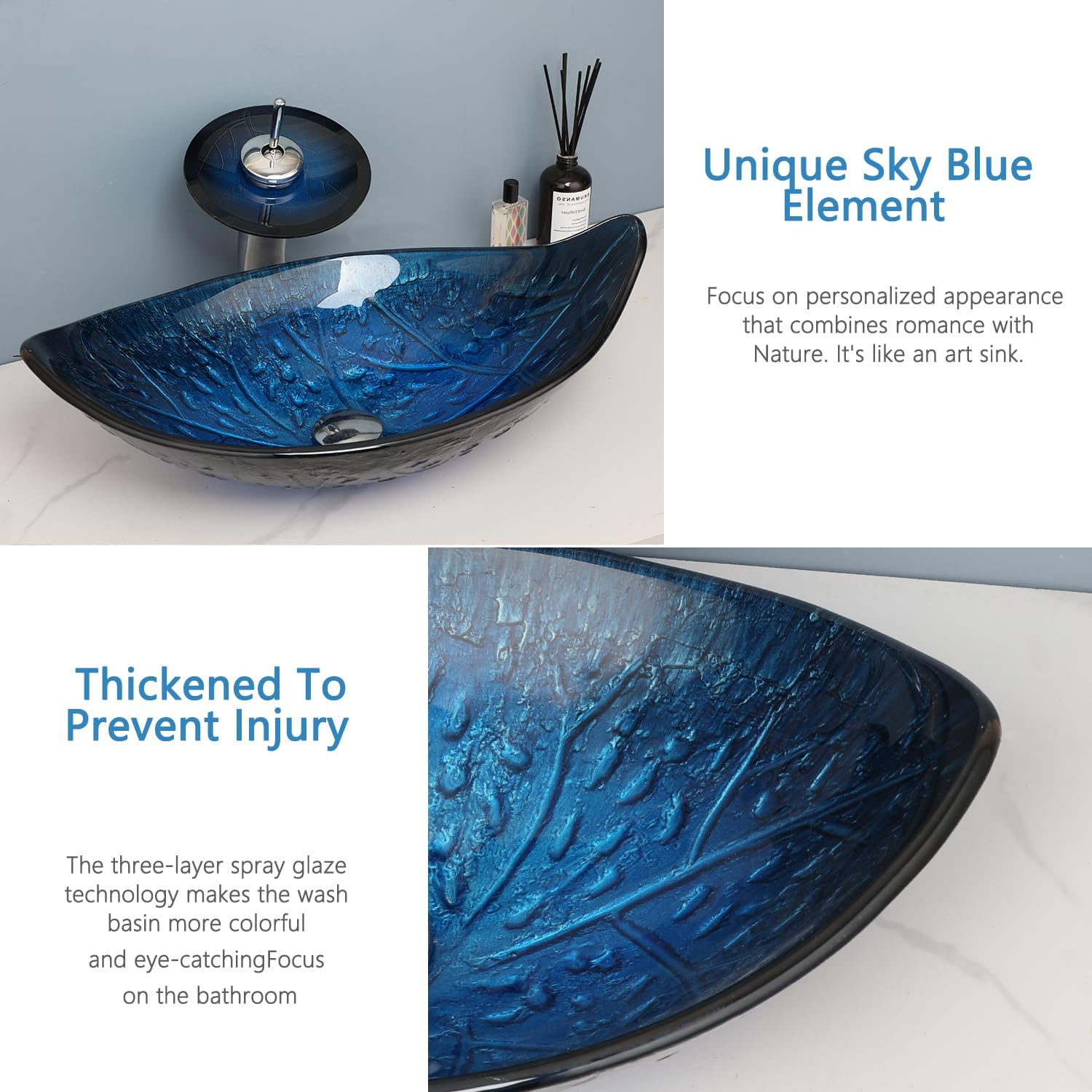23'x14' Blue Bathroom Vessel Sink, Leaf Shape Tempered Glass Sinks And Faucet Combo, Washing Basin Bowl Waterfall Chrome Brass Pop Up Drain