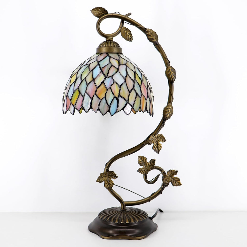 Tiffany Table Lamp, Stained Glass Desk Reading Light,Metal Leaf Table Lamp Base 8X10X21 Inches (Seven Color Wisteria)