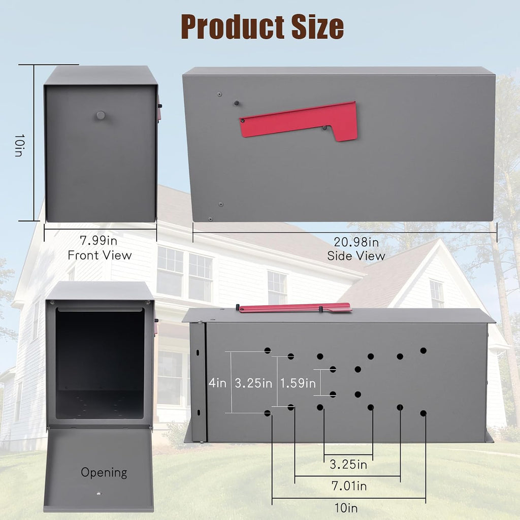 Large Mailboxes for Outside Post Mount Mailbox, Metal Mail Box with Magnetic Latch, Galvanized Steel Modern Mailbox for House Outside, 20.9 x 7.9 x 10 Inches, Gray