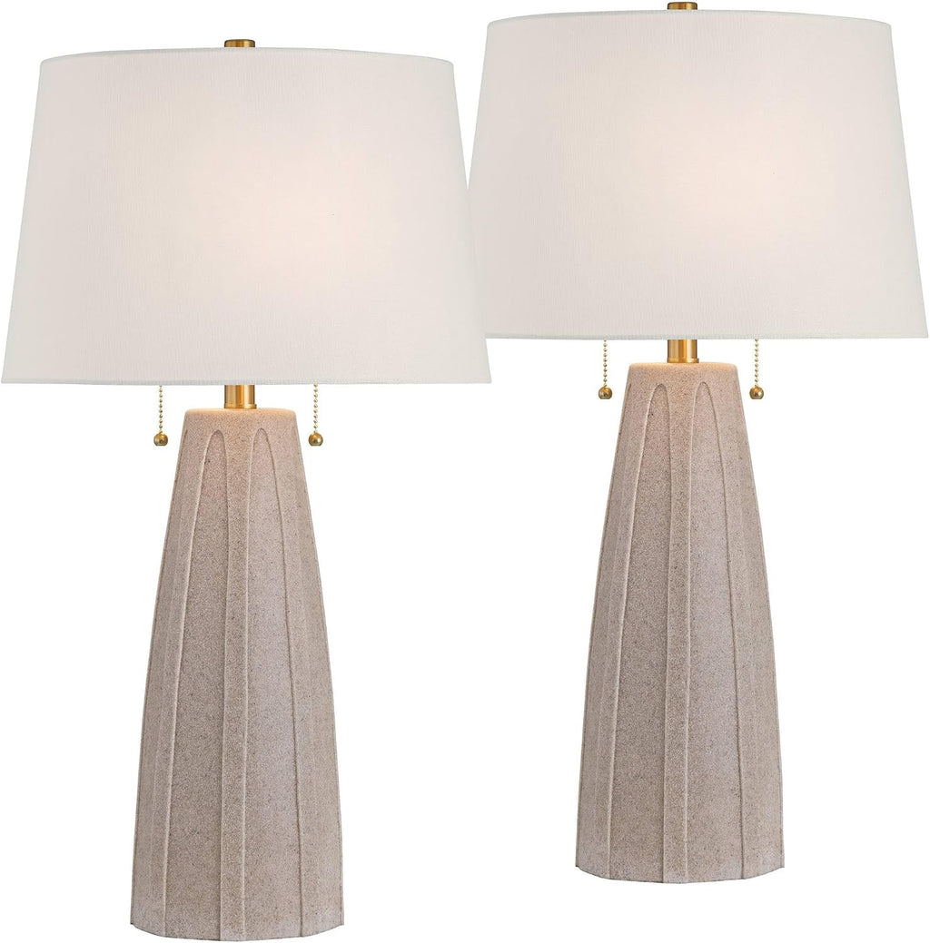 360 Lighting Arizona 28' Tall Modern Coastal Table Lamps Set of 2 Pull Chain Beige Faux Sandstone Finish Fabric White Shade Living Room Bedroom Bedside Nightstand House Office Home Reading