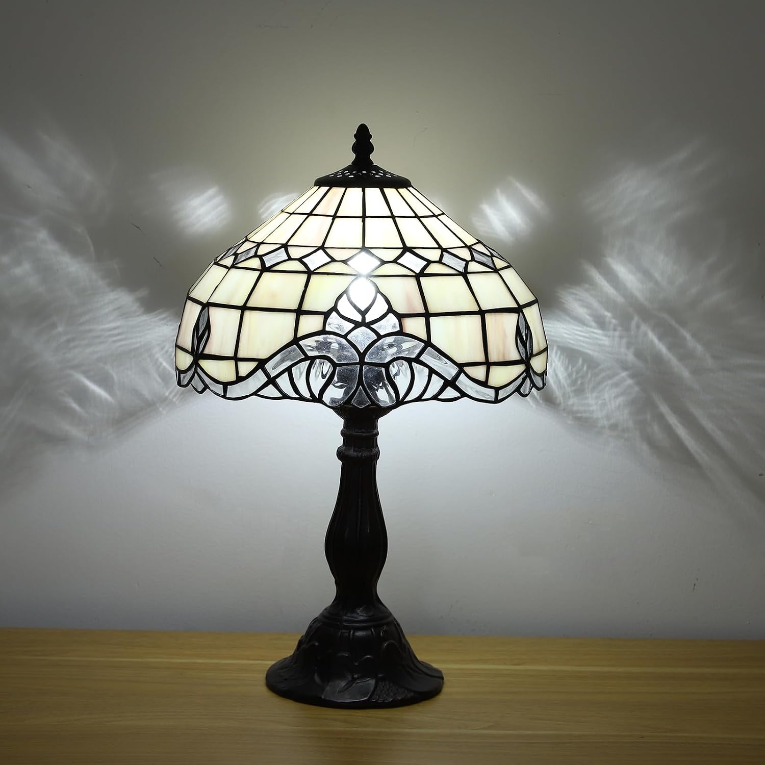Tiffany Vintage Table Lamp,Pink Baroque Stained Glass Vintage Lamps,Bedside Nightstand Lamps for Bedroom,Living Room,Home Office Desk Lamp,LED 3 Color Temperatures Bulb,12X12X19Inch