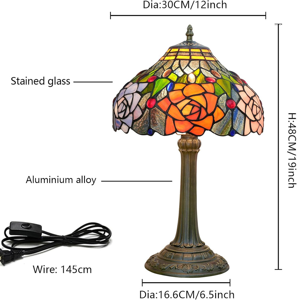 Tiffany Style Stained Glass Lamp Red Orange Purple Pink Rose Table Lamp Bedroom Bedside Reading Desk Light for Living Office Retro Unique Cute Accent Decor 12' Village Gift Nightstand Lamps