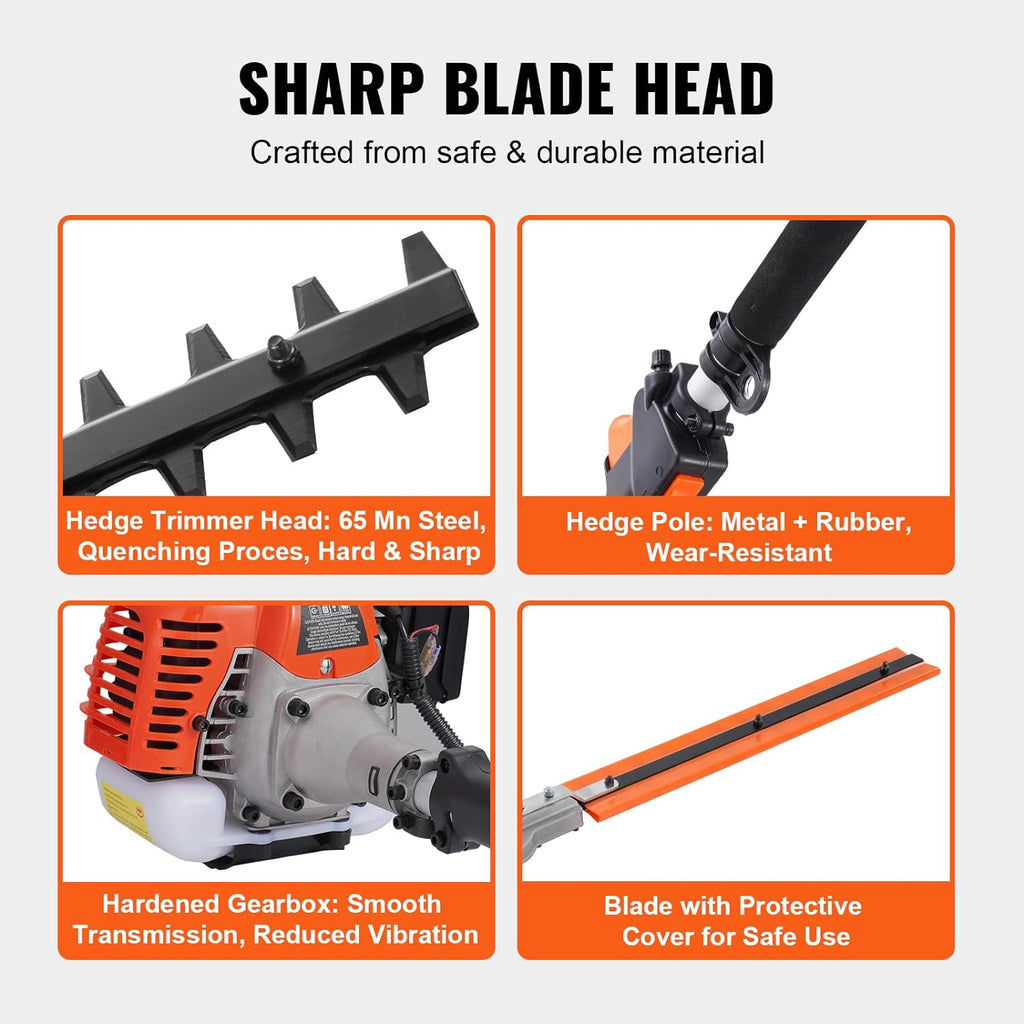 VEVOR 52cc Gas-Powered 6-in-1 Multi-Functional Trimmer - Hedge Trimmer, Brush Cutter, Weed Eater, Edger, Pole Saw & Chainsaw Pruner, EPA, CE & EMC Certified