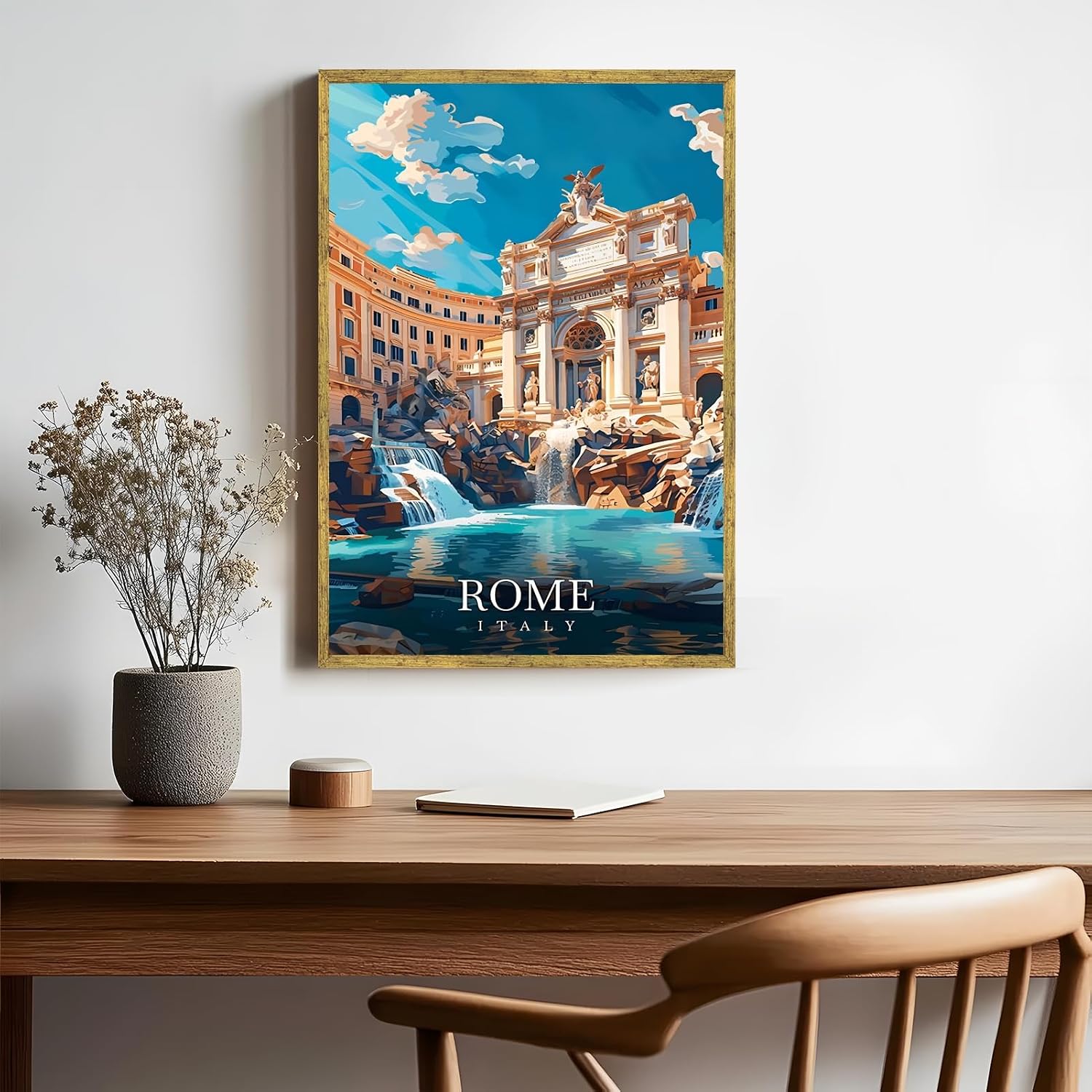 Framed Rome Italy Vintage Travel Posters Trevi Fountain Wall Art Canvas Print Cityscape Painting Artwork European Architecture Picture Wall Decor for Living Room Bedroom Home Office 24x36inch