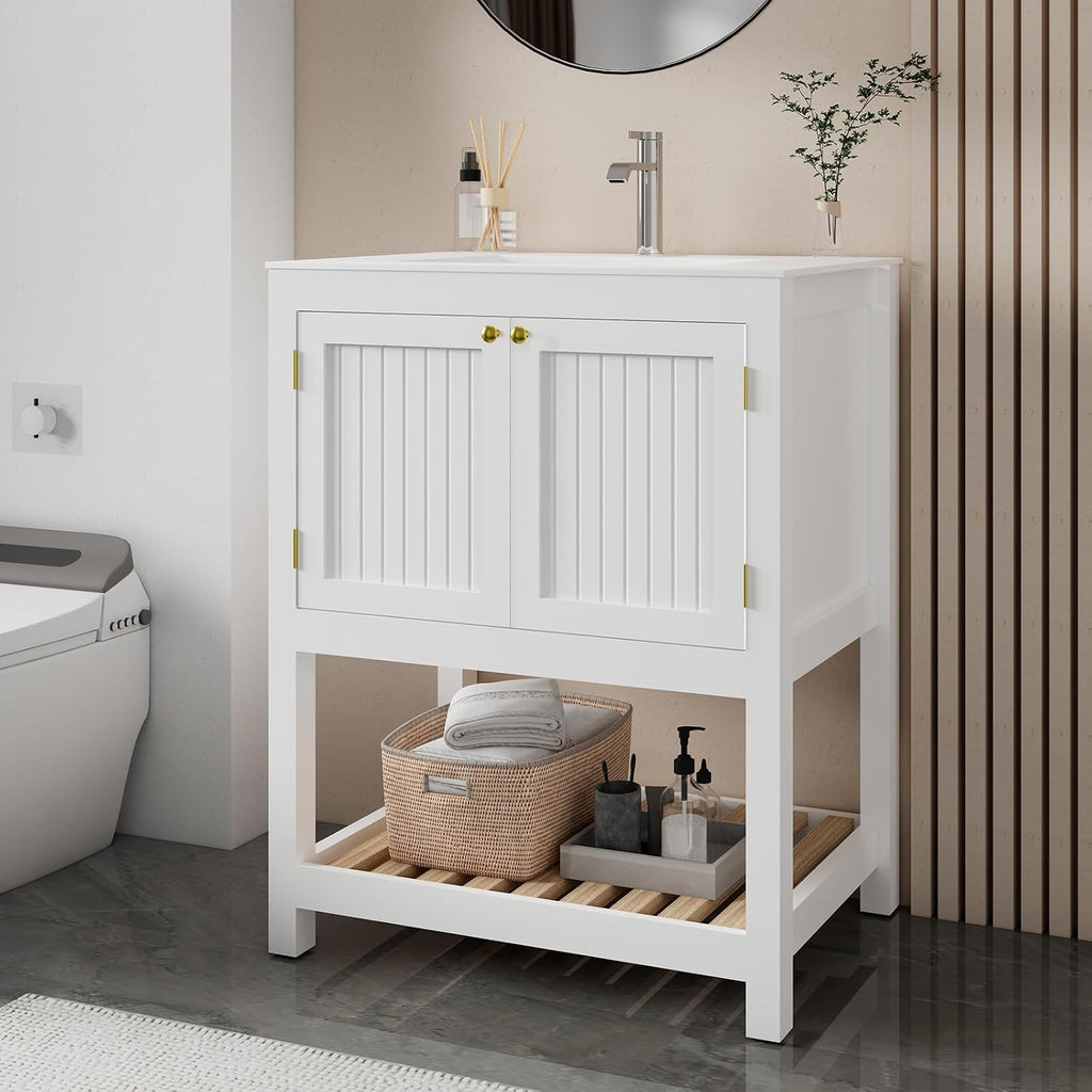 30 Inch Bathroom Vanity with Sink, Modern Bathroom Sink Cabinet with Open Shelf, Ceramic Basin, Freestanding Bathroom Vanities, White