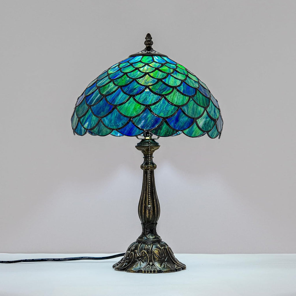 Tiffany Style Table Lamp Vintage Stained Glass Desk Lamp Sea Blue Fish Scales Bedside Reading Light Decor Bedroom Living Room Home Office D12 xH18
