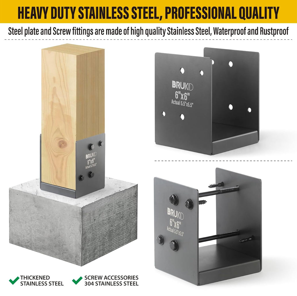 Stainless Steel 6 x 6 (Actual: 5.5' x 5.5') Deck Post Base, Post Anchor Bracket, Concrete Support Anchor Base for Railings, Fences, Pavilions, Porches (4pack-Dark Gray)