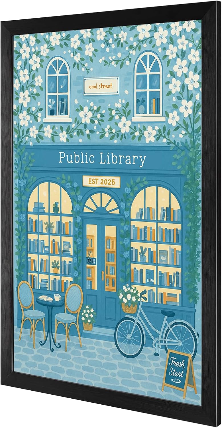 Black Framed Flat Vintage Public Library Illustration Poster Cool Street Est 2025 Canvas Wall Art Book-Filled Windows Prints Painting For Home Bedroom Dorm Wall Decor 24x36in Black Framed Flat