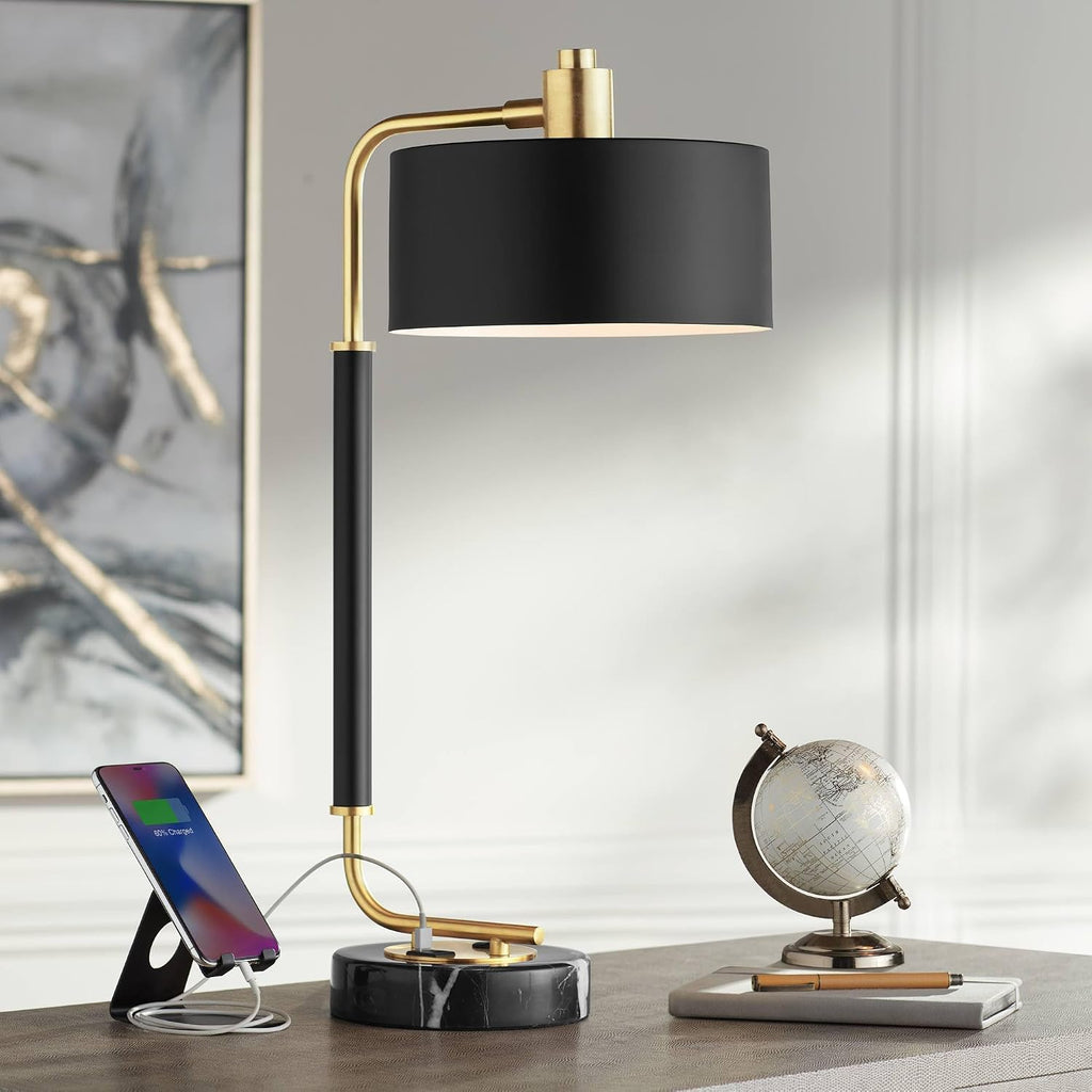 Possini Euro Design Myles 24' High Mid Century Modern Desk Lamp with USB Charging Ports A+C Black Gold Metal Drum Shade Decor for Bedroom Living Room Bedside Nightstand House Home Office