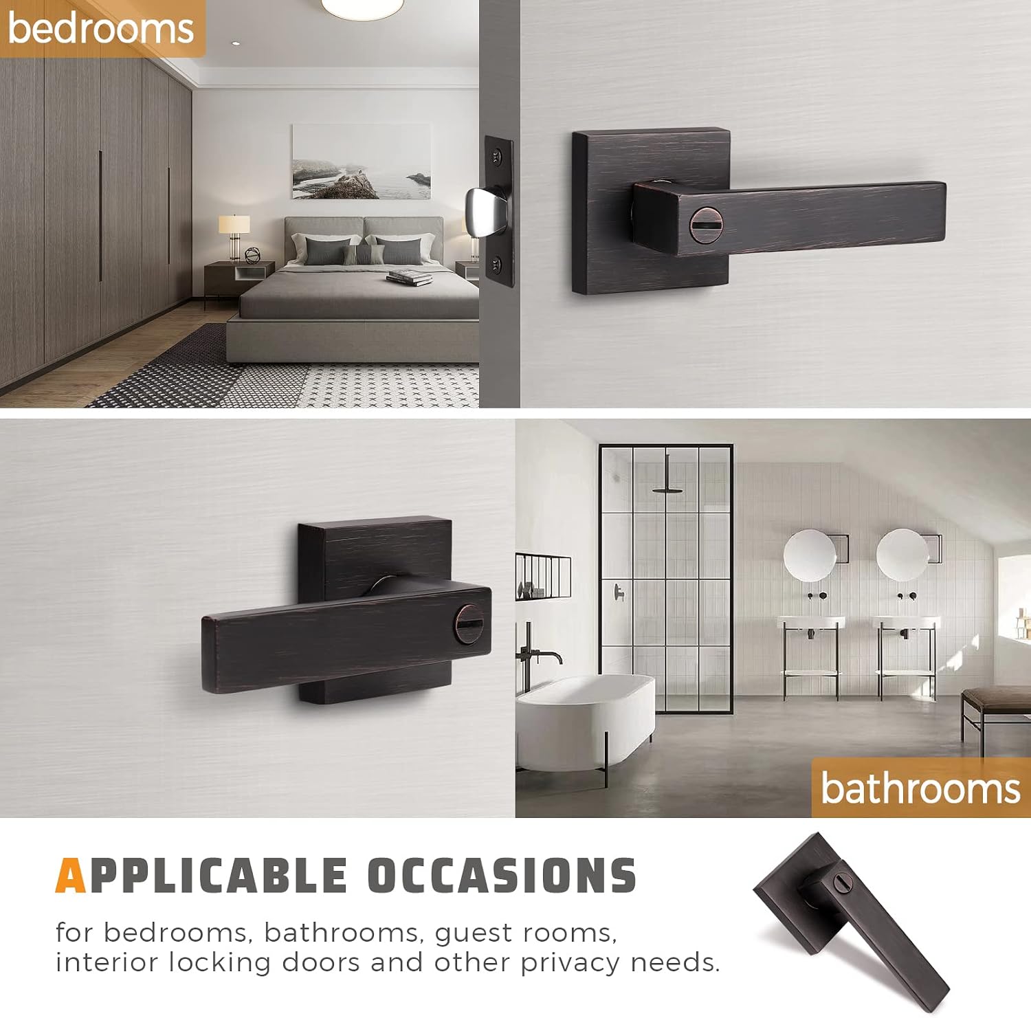 KNOBWELL 4 Pack Bronze Lever Door Handle Privacy Door Knob, Heavy Duty Square Door Knob with Lock for Bedroom Bathroom Office