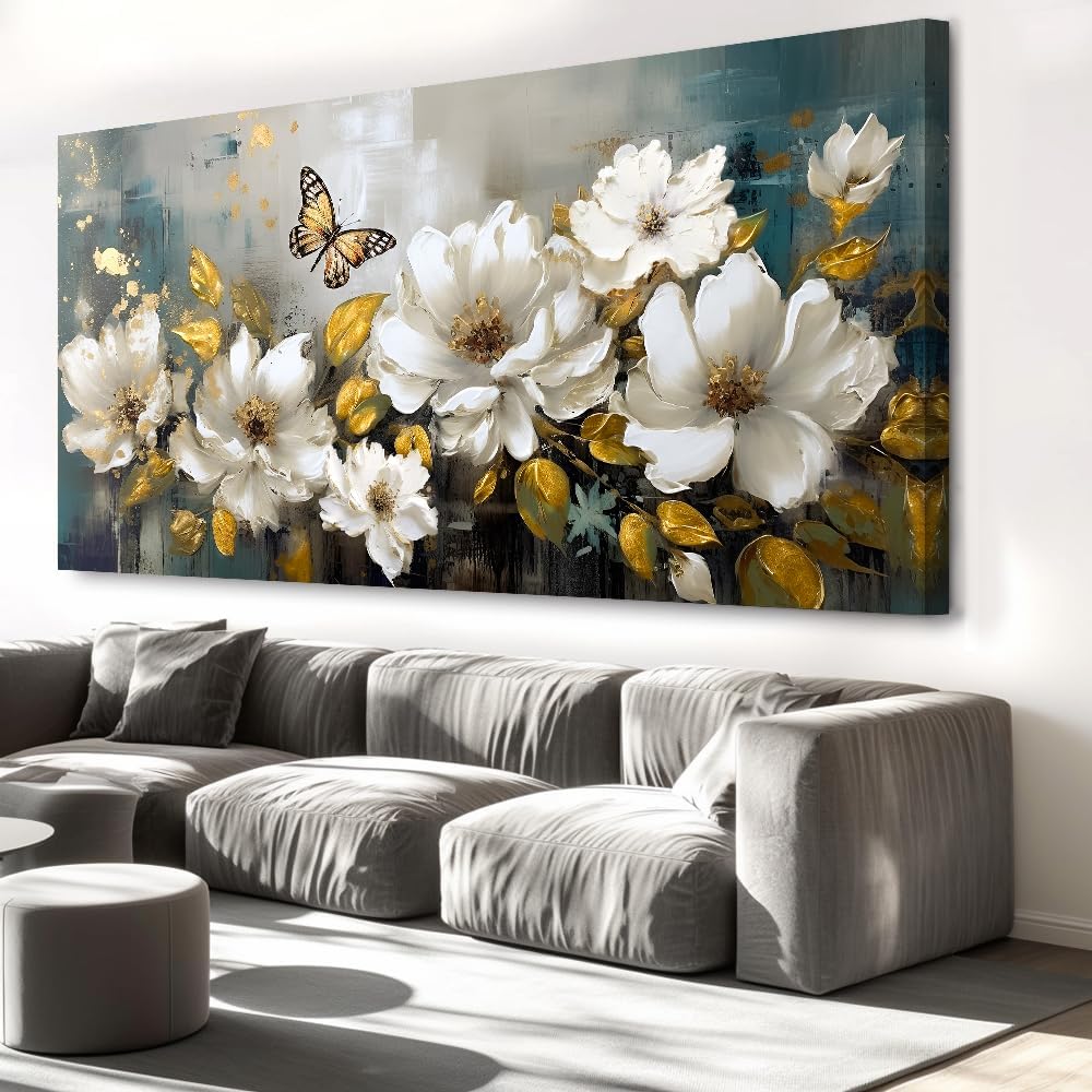 vgrozirh Wall Art Modern Flower Artwork Paintings White Blossom Gold Leaf Butterfly Landscape Picture wall Decor for Living Room Bedroom Kitchen 71'x36'