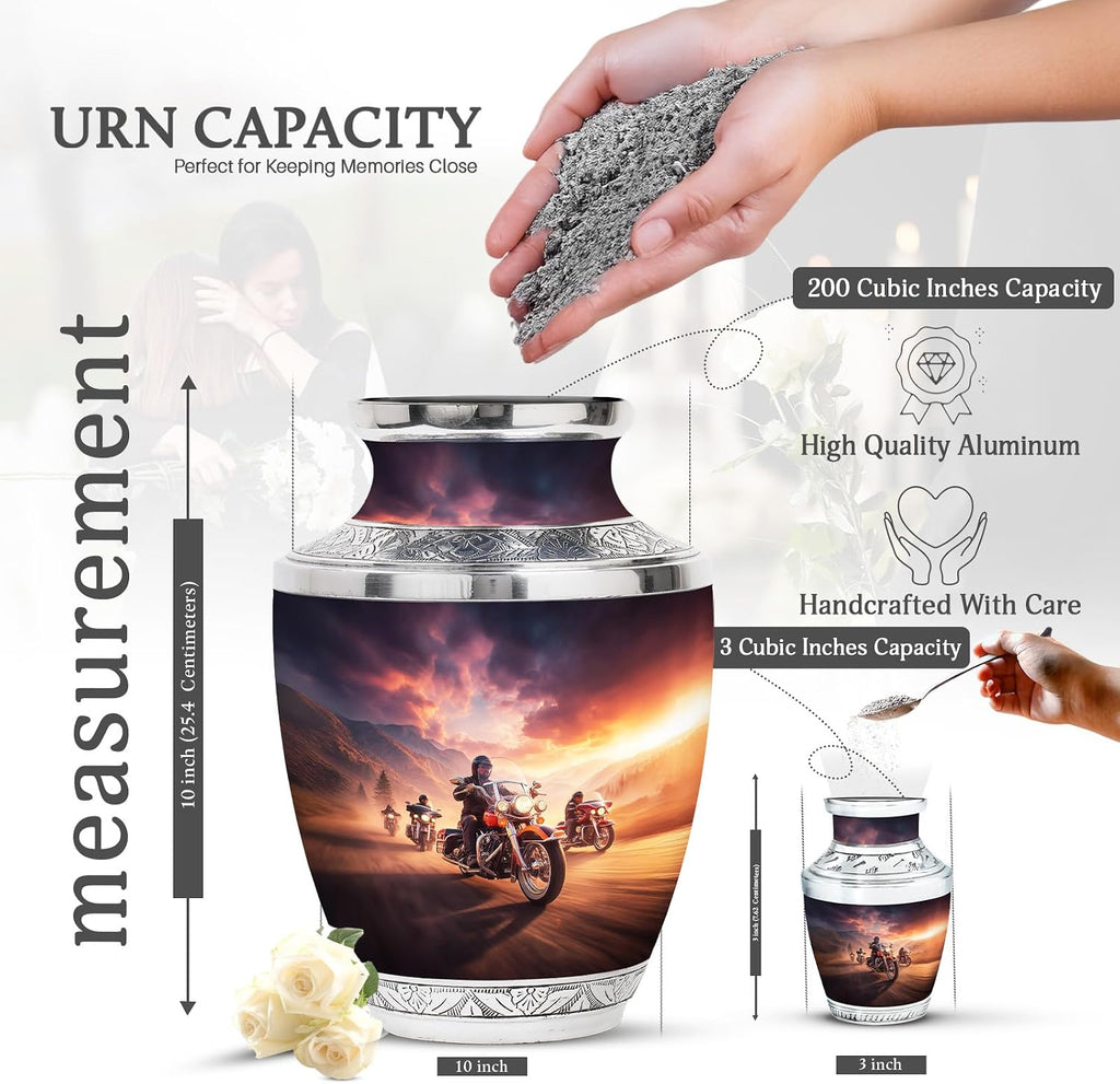 Urn with Motorcycle - Brown Small Urns for Human Ashes Keepsake - Set of 5, 10 Inch & 3 Inch - Mini Funeral Urn for Adult Ashes Women & Men - Large Decorative Funeral for Dad & Mom
