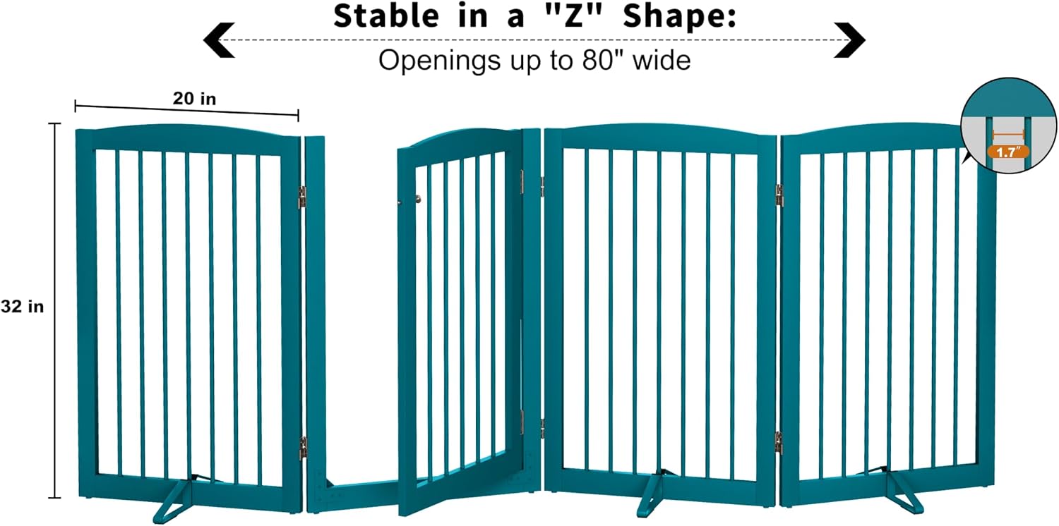 PUPETPO Freestanding Dog Gates with Door Walk Through, Pet Gate for Stairs, 80 inch Wide Gates Indoor, Dog Fences Indoor, Support Feet Included, 4 Panels, 32' Tall, Blue
