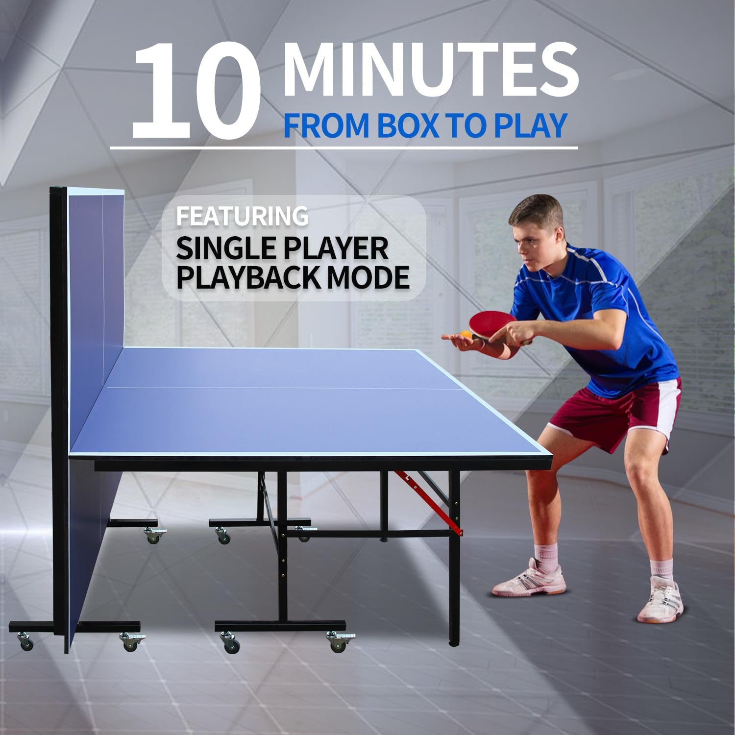 Ping Pong Table Foldable & Portable 6/8/9FT Table Tennis Table Set for Indoor & Outdoor Games with Net & Post, 2 Table Tennis Paddles and 3 Balls (Blue-8FT with Wheels)