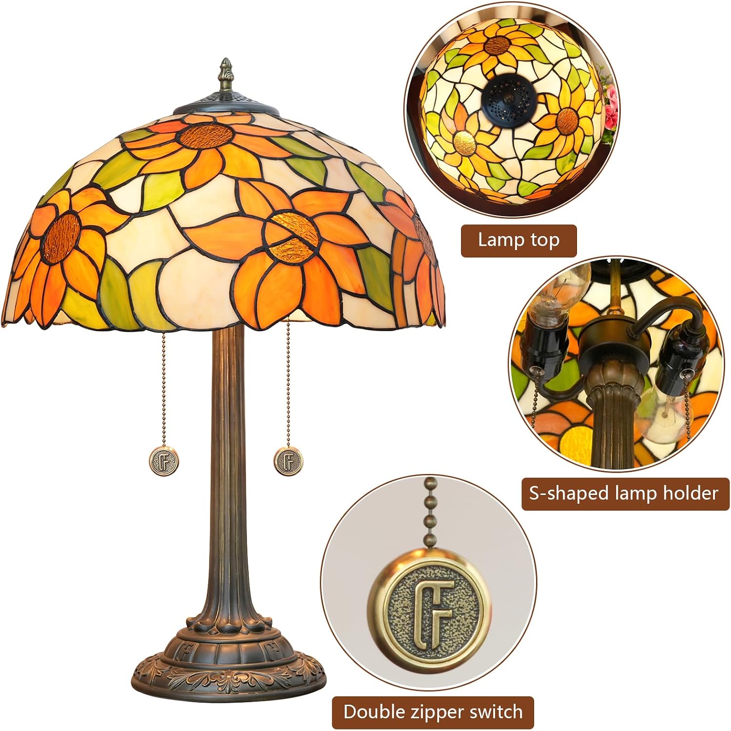 Tiffany Lamp Sunflower Yellow Style Stained Glass Table Lamp Antique Bedside Reading Light 16X16X23 Inch Decor Bedroom Living Room LED Lamp