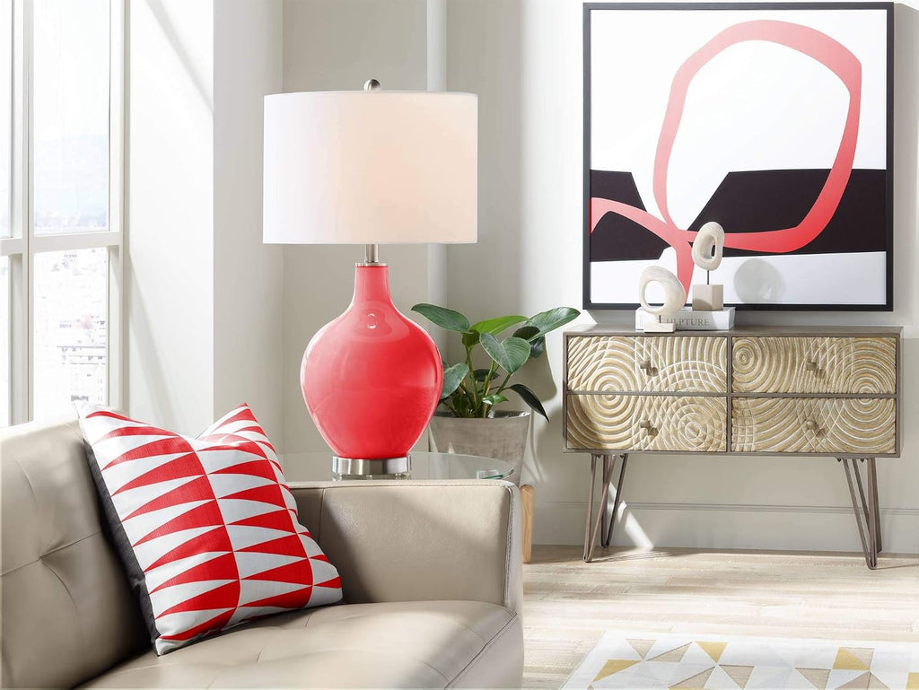 Color + Plus OVO 28 1/2' Tall Modern End Table Lamp Poppy Red Brushed Nickel Finish Glass Single Linen White Shade Living Room Bedroom Bedside Nightstand House Office Home Reading Kitchen Entryway