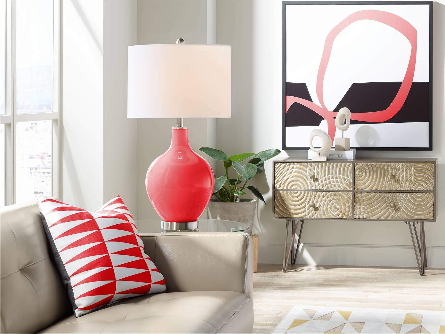 Color + Plus OVO 28 1/2' Tall Modern End Table Lamp Poppy Red Brushed Nickel Finish Glass Single Linen White Shade Living Room Bedroom Bedside Nightstand House Office Home Reading Kitchen Entryway