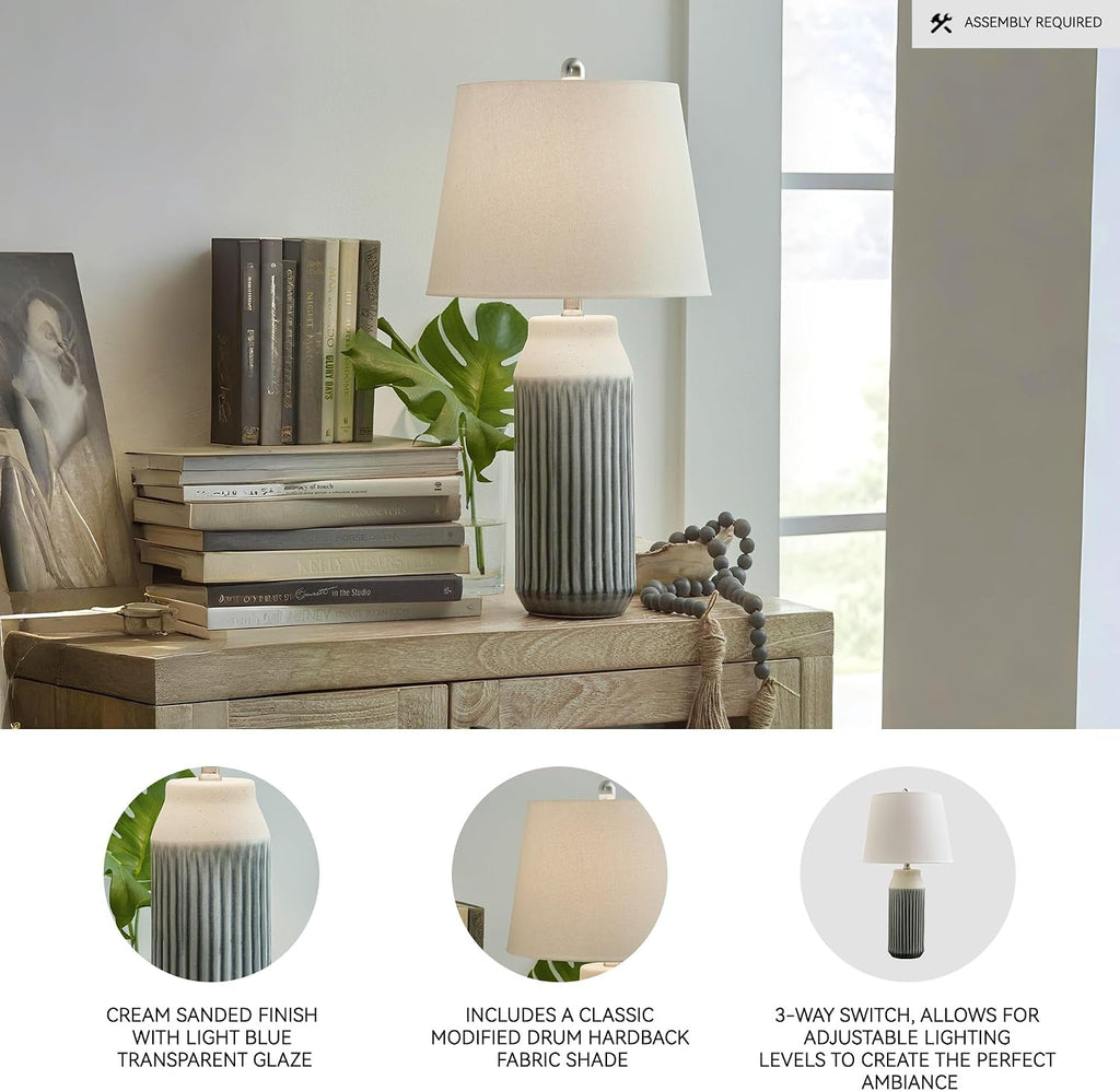 Signature Design by Ashley Afener Contemporary 26' Ceramic Table Lamp, Set of 2, Blue & Beige