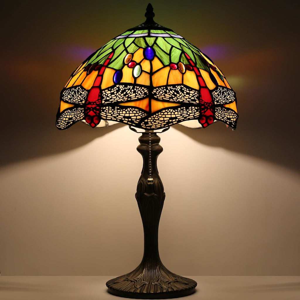 Tiffany Table Stained Glass Table Lamp 12 x 19' Bedside Reading Lamp Yellow Dragonfly Style Decorative Lamp for Desk Living Room Bedroom Office Study Light Decor Gift