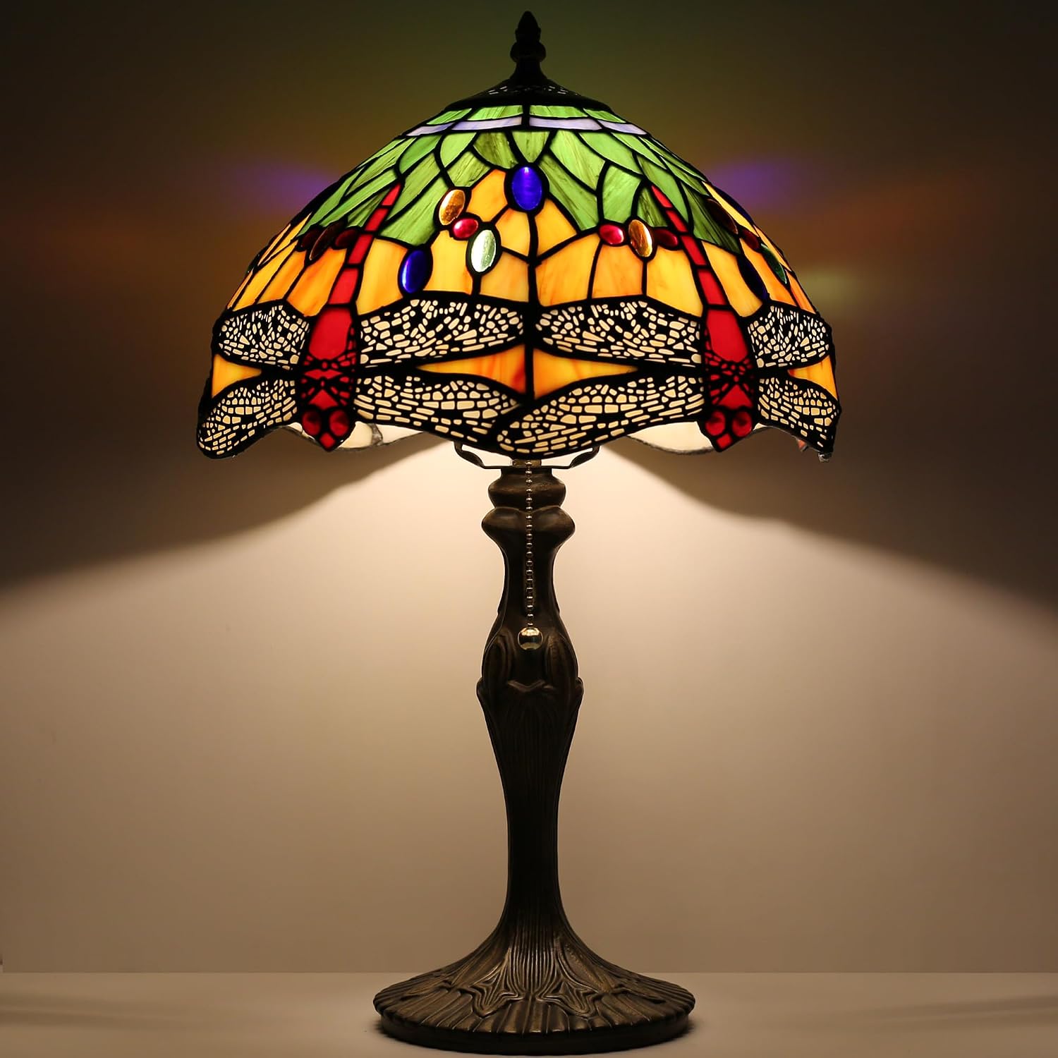 Tiffany Table Stained Glass Table Lamp 12 x 19' Bedside Reading Lamp Yellow Dragonfly Style Decorative Lamp for Desk Living Room Bedroom Office Study Light Decor Gift