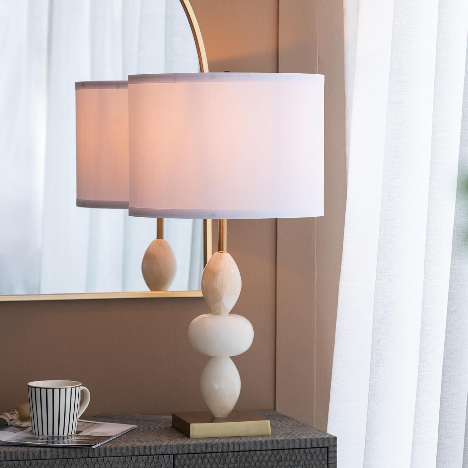 Montary 26.3' White and Gold Three Tiered Round Alabaster Table Lamp with Drum Shade, Contemporary Aesthetics Bedside Desk Lamp for Bedroom Living Room Office Café Bookcase Home Decor