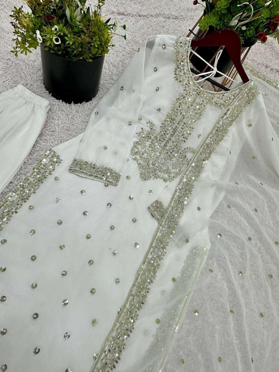 Hans craft Women's Georgette Embroidery Sequence Work with Rivet Moti Work Straight Kurti With Pant and Dupatta Set
