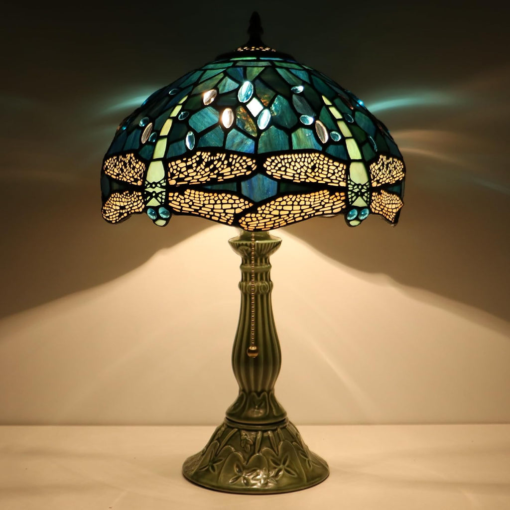 Tiffany Lamp Stained Glass Table Lamps Sea Blue Dragonfly Style Desk Lamp 12X12X18.5 Inch Bronze Ceramic Base Reading Light Suitable for Bedside Bedroom Living Room Dining Room Office
