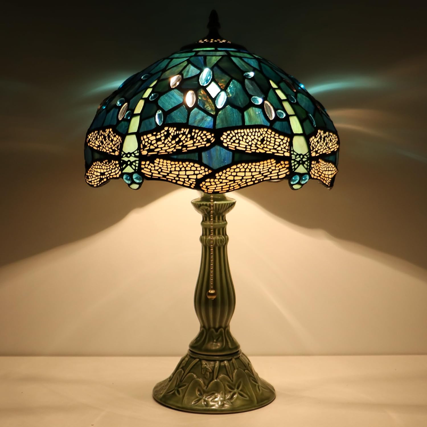 Tiffany Lamp Stained Glass Table Lamps Sea Blue Dragonfly Style Desk Lamp 12X12X18.5 Inch Bronze Ceramic Base Reading Light Suitable for Bedside Bedroom Living Room Dining Room Office