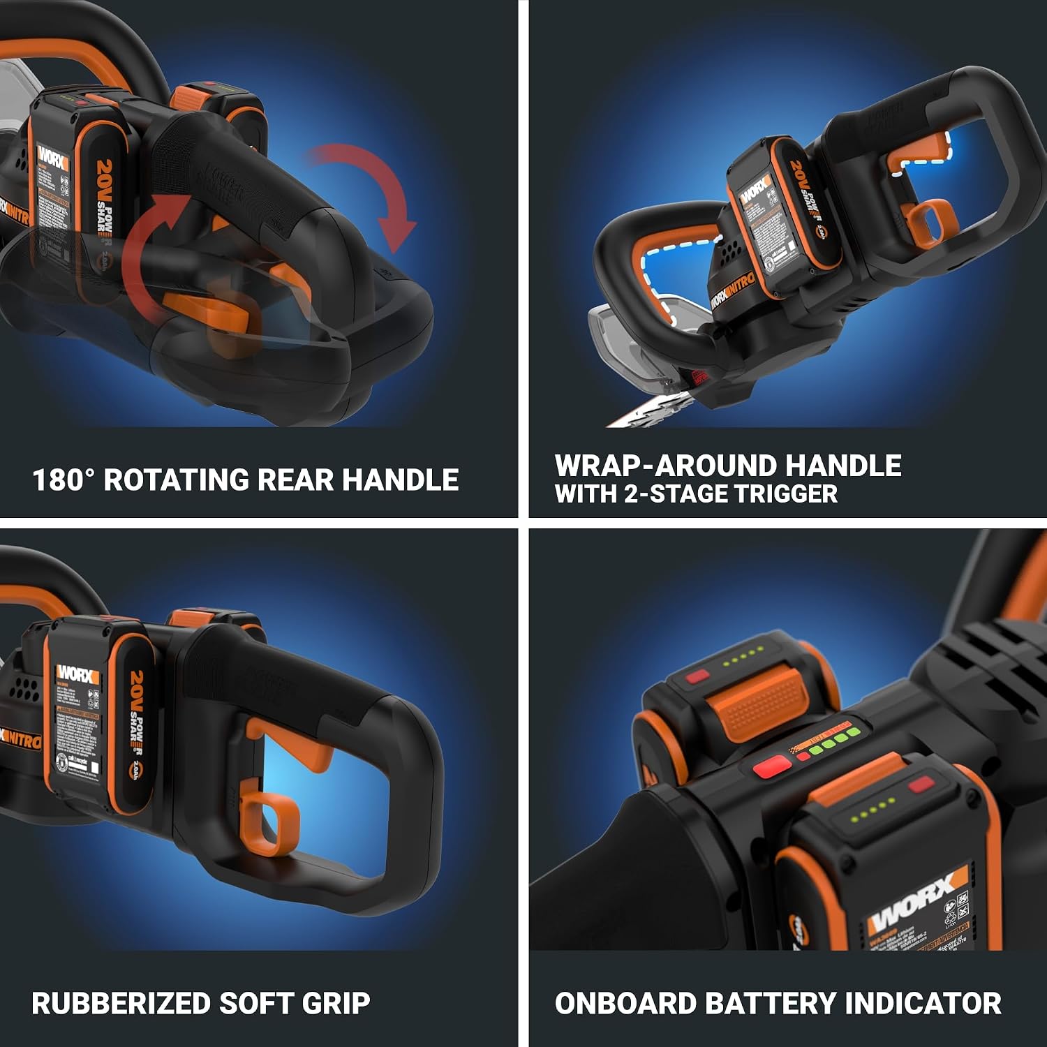 WORX Nitro 24' Cordless Hedge Trimmer, Electric Hedge Trimmer with Dual-Action Blades & 3400 SPM, Brushless Bush Trimmer with 180° Rotating Handle, 2 Batteries & Charger Included, WG286