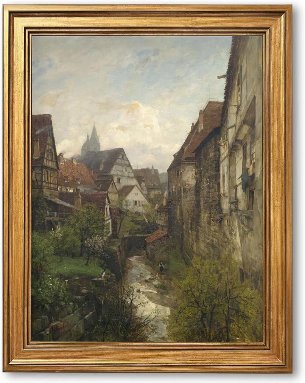 Framed Section in The Old Town of Esslingen Canvas Print Vintage European Village Landscape Wall Art Rustic Alley Painting Neutral Countryside Picture Artwork for Living Room Bedroom Decor 24x36inch
