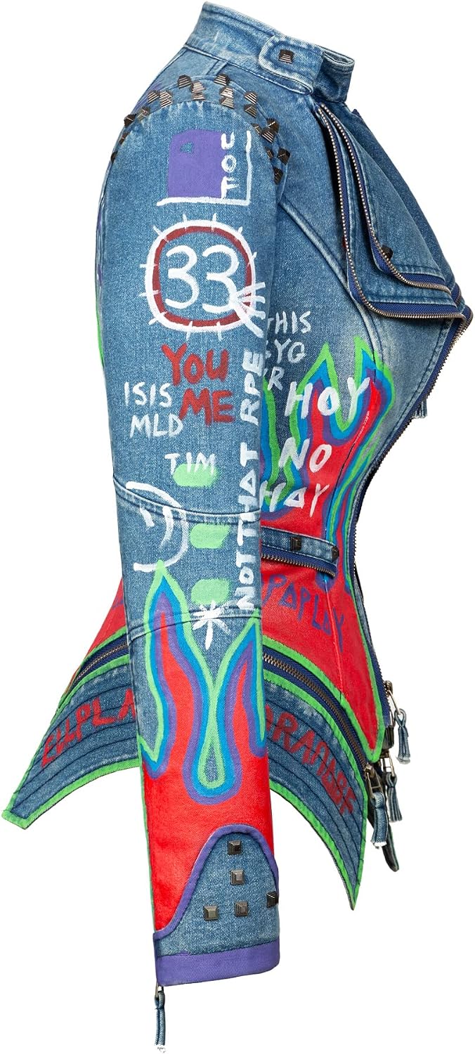 Fashion SX Women's hand-painted pattern fashion studs perfect shaping bicycle jacket motorcycle denim zipper jacket