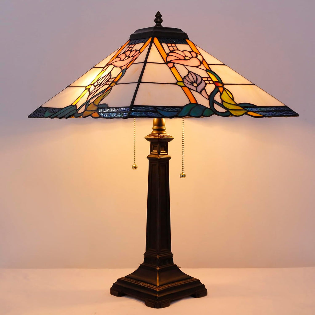 Tiffany Table Lamp Pink Flower Mission Style Stained Glass 16X16X23 Inches Desk Reading Light for Bedrooms Living Room Study Home Office