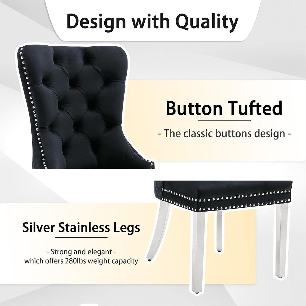 Velvet Dining Chairs Set of 2, Upholstered Dining Room Chairs, Mid-Century Modern Chairs with Diamond Lattice Tufted Back, Lion Pull Ring Rivet Trim, Silver Metal Legs for Kitchen, Black