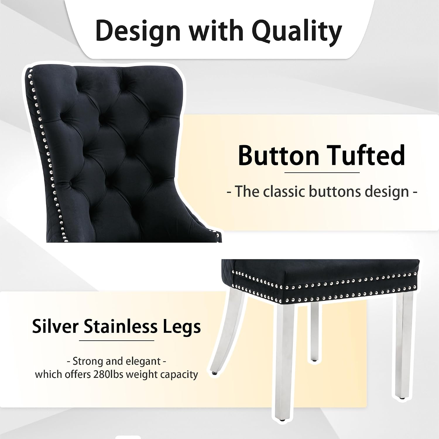 Velvet Dining Chairs Set of 2, Upholstered Dining Room Chairs, Mid-Century Modern Chairs with Diamond Lattice Tufted Back, Lion Pull Ring Rivet Trim, Silver Metal Legs for Kitchen, Black