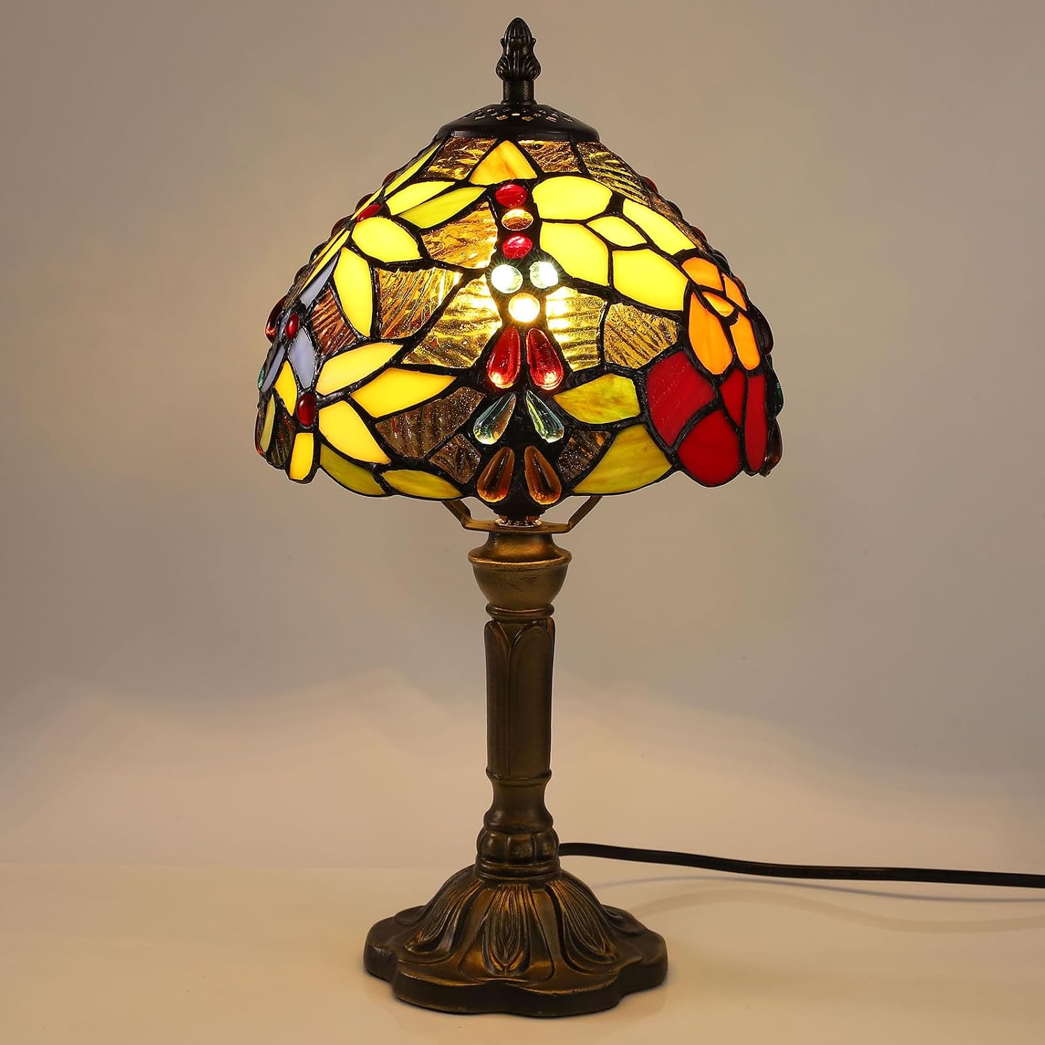 Tiffany Small Table Lamp for Bedroom Set of 2,Bedside Nightstand Lamp Rose Flower Grape Stained Glass Table Lamps for Living Room,3 Color Temperature Home Office Desk Lamp+LED Bulb