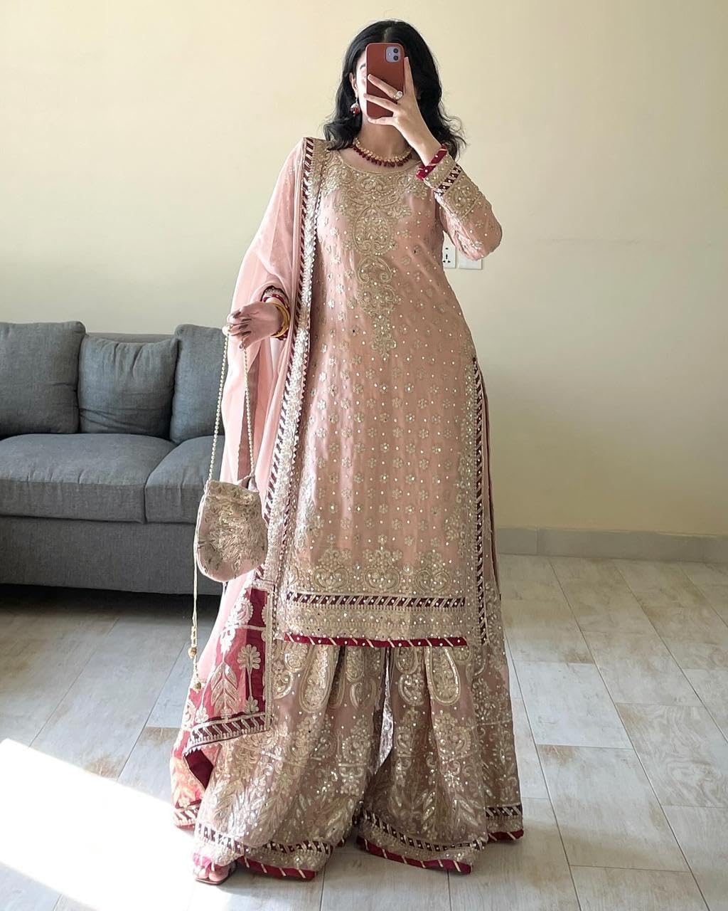 Indian Women's Foux Gorgette Fabric Thread Sequnce Rivet Moti Work Suit 12303