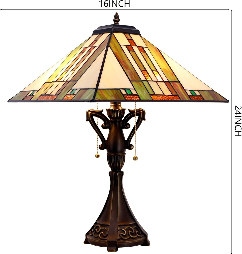 Tiffany Table Lamp Stained Glass Blue White Brown Square Mission Style Desk Reading Light 16X16X24 Inch for Bedroom Living Room Home Office