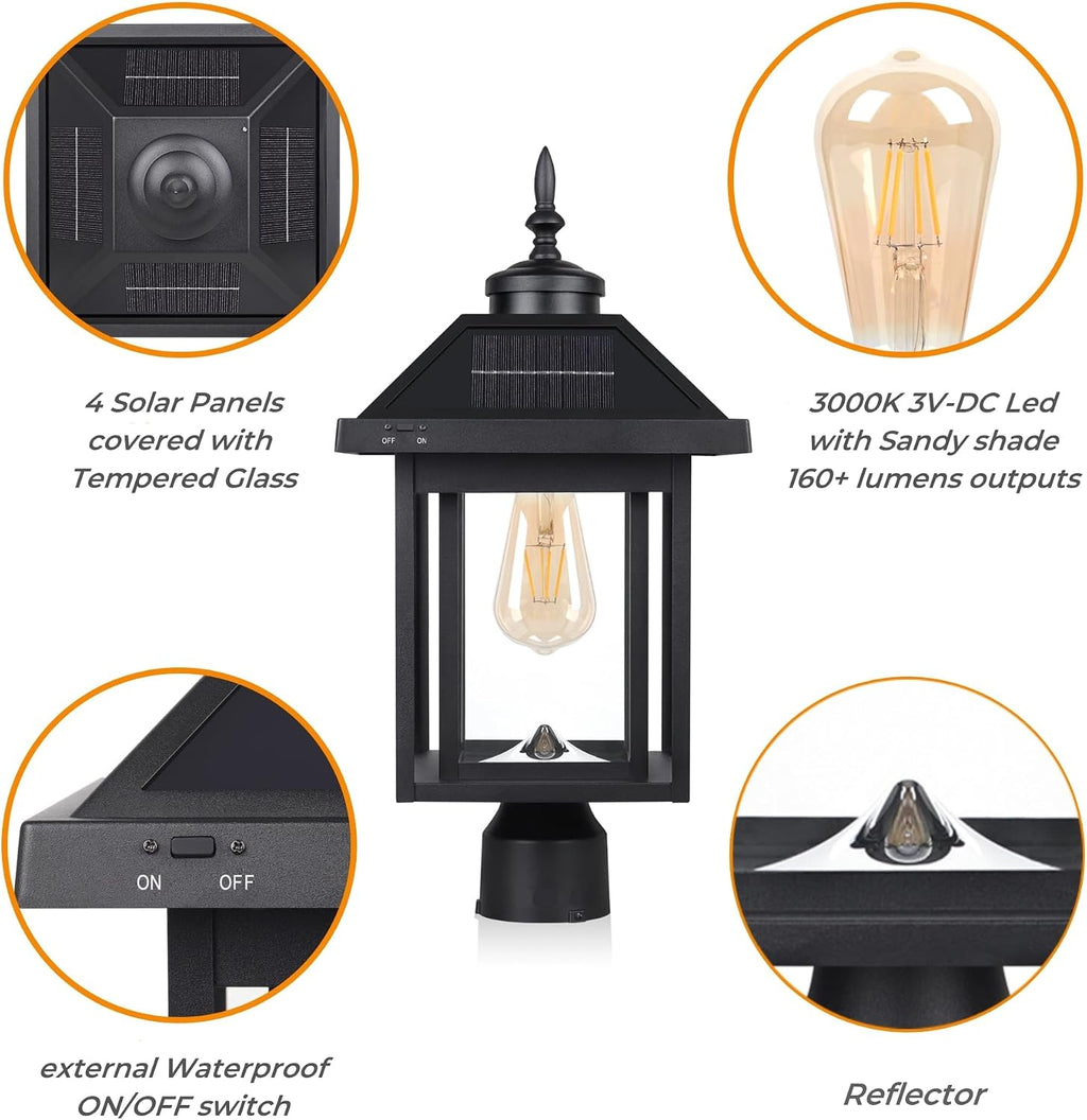 Solar Post Light with Pire Mount Base, Outdoor Dusk to Dawn Waterproof Aluminum Lamp Bright Sandy Colored LED Solar Powered for Pole Pillar Gates Yard Deck Garden Decoration