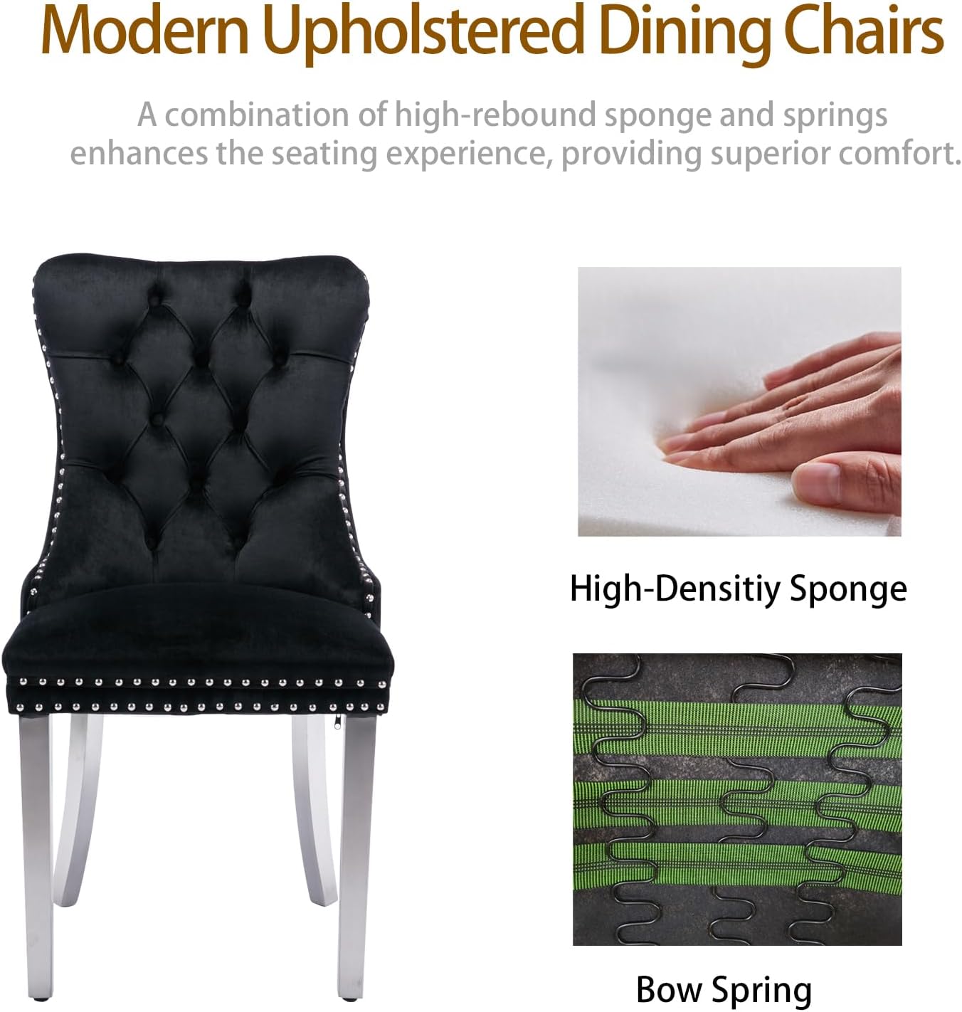 Velvet Dining Chairs Set of 4, Tufted Upholstered Dining Room Chairs with Back Ring Pull, Nailhead Trim and Sliver Stainless Steel Legs, Modern Dining Chairs for Dining Room, Kitchen(Black)