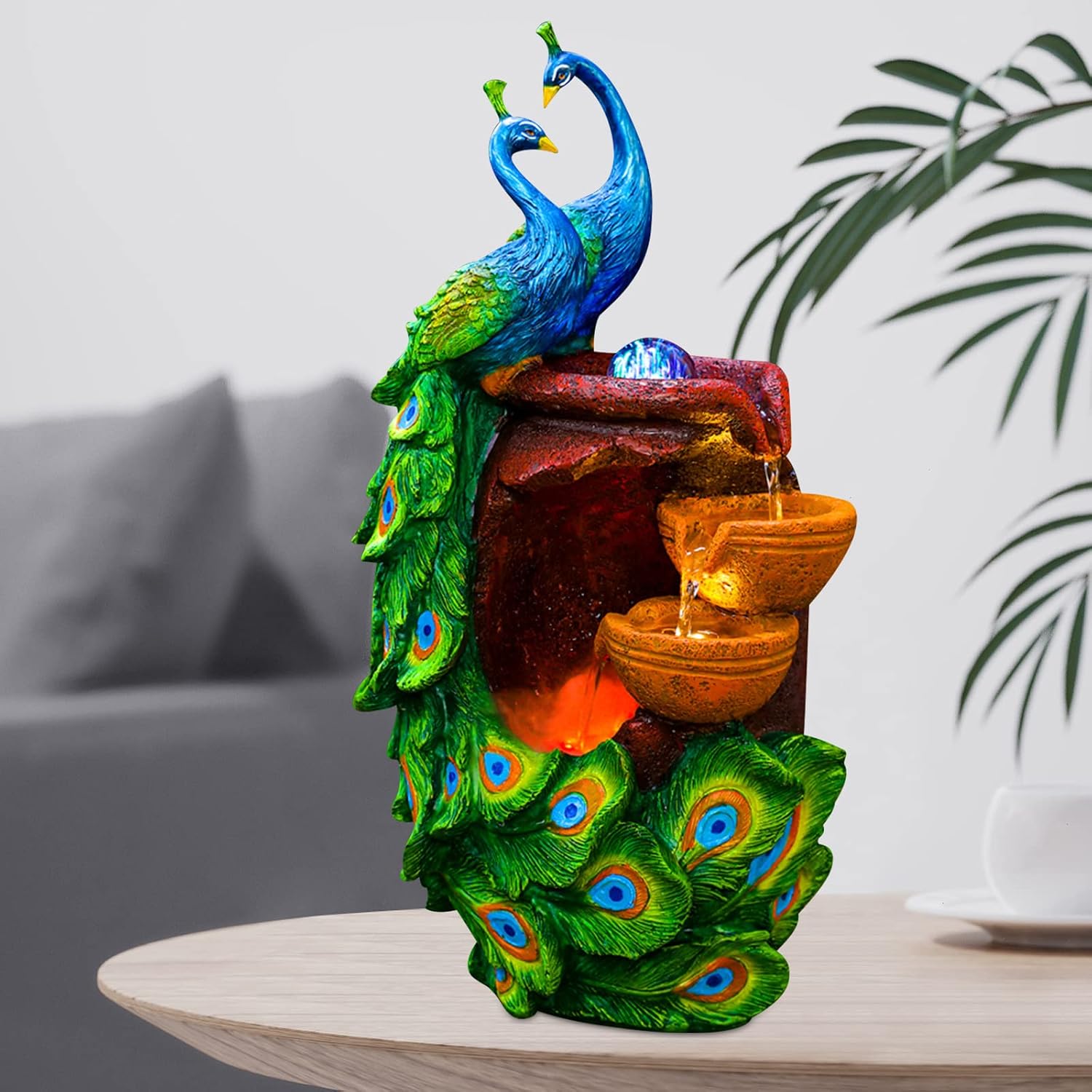 21Inch Art Decorative Animal Statue Bonsai Waterfall Fountain Humidifier with LED Lights, Water Fountains for Living Room, Bedroom, Study, Office, Meditation Room, Yoga Room, Hotel and Library