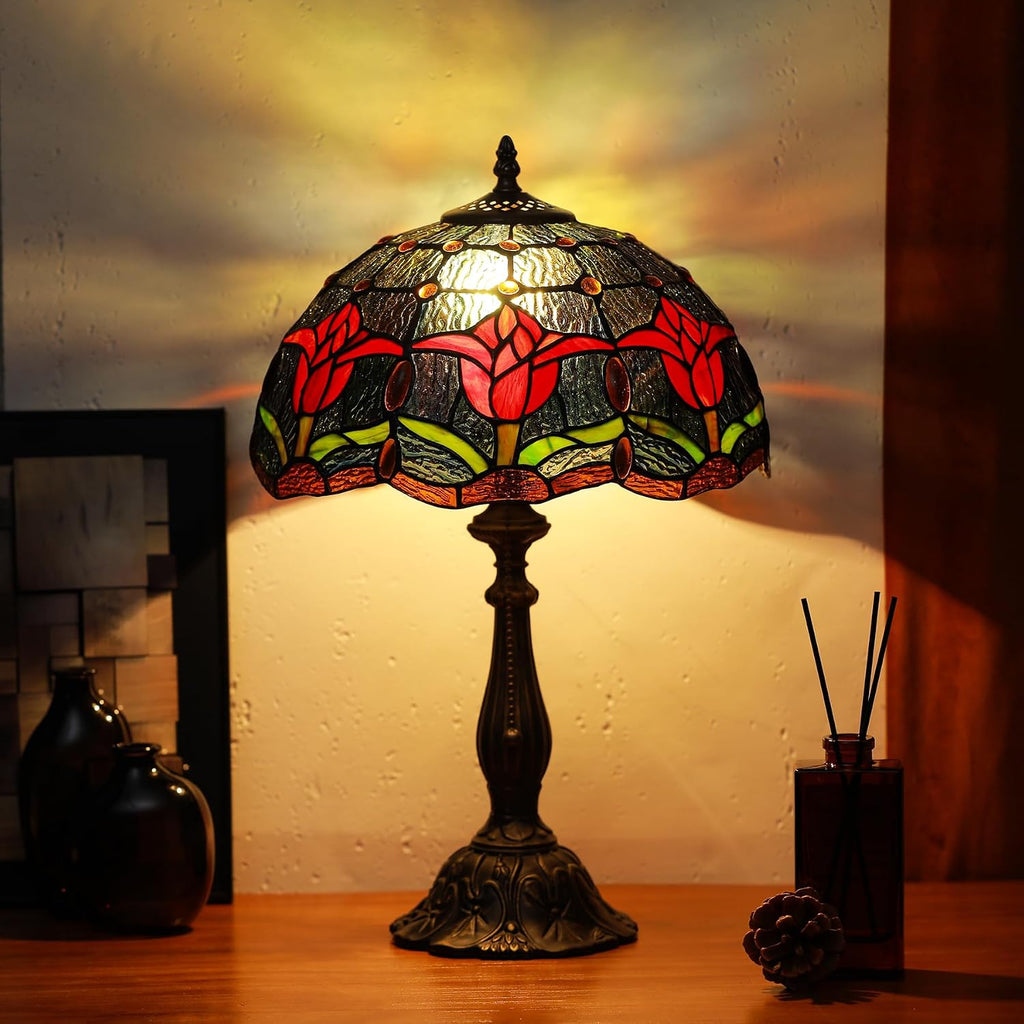 Tiffany Lamps Red Tulip Style Stained Glass Table Lamp Desk Bedside Reading Light 12X12X18.5 Inches with Bronze Resin Base Applicable to Bedroom Living Room Office